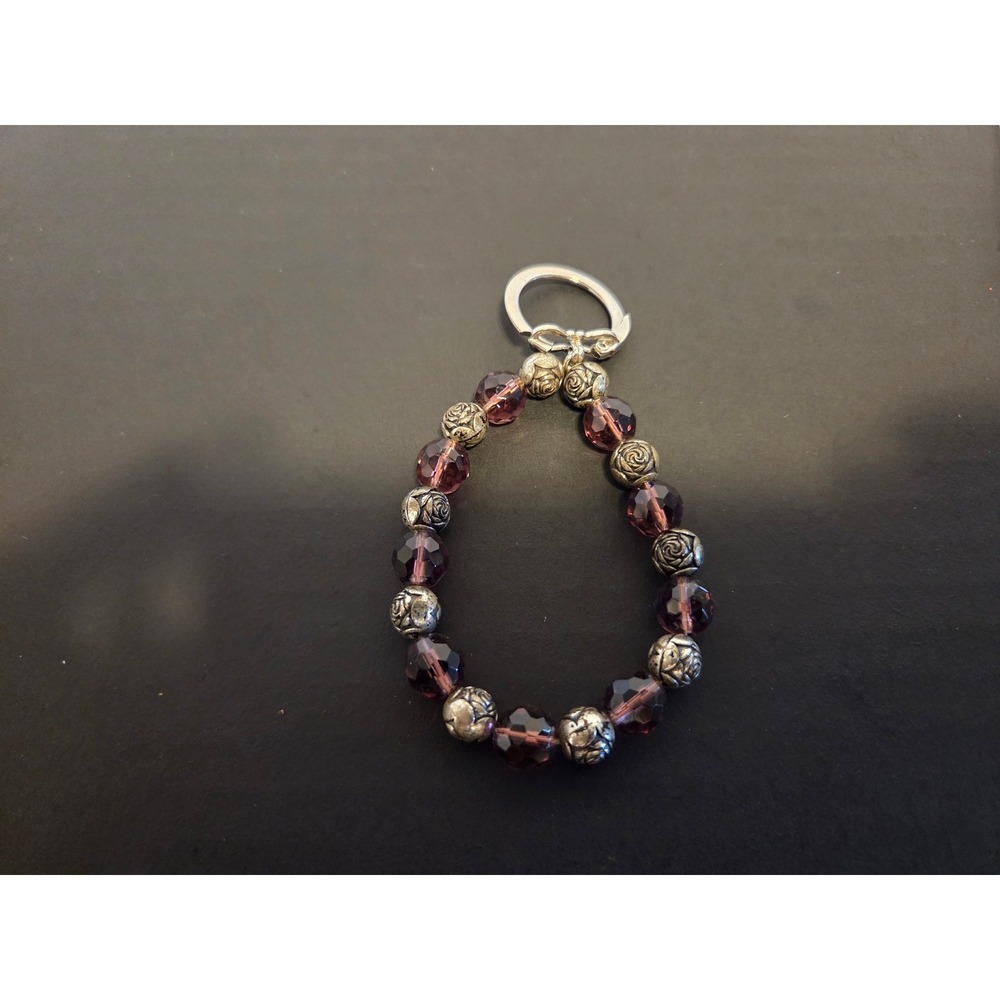 Purple Beaded Rose Keychain Wristlet Silver Tone Floral Glass Bead Bag Charm
